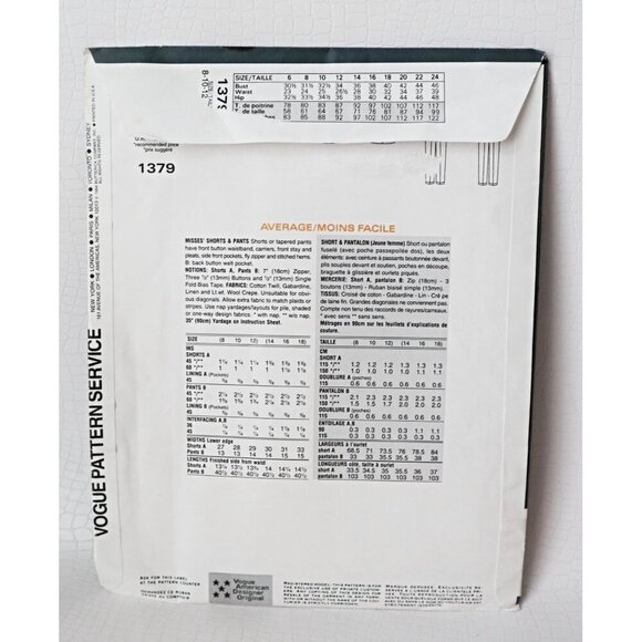 Vintage Vogue Sewing Pattern 1379 Calvin Klein Pants Shorts Size 8 10 12 Uncut - Picture 2 of 5